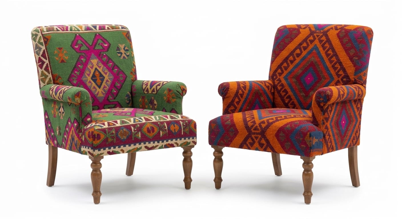 Chaises margoum vertes et oranges, tissage kilim