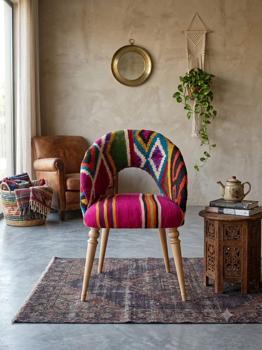 Chaise bois Blenz dossier arqué, margoum rose fuchsia et losanges