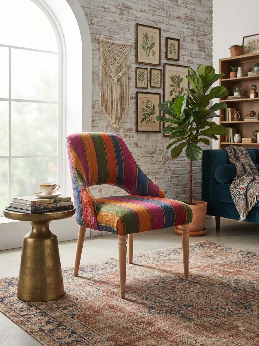 Chaise bois Blenz dossier évidé, margoum rayures multicolores
