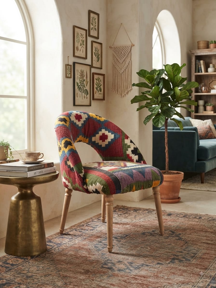 Chaise bois Blenz dossier médaillon, margoum motifs berbères