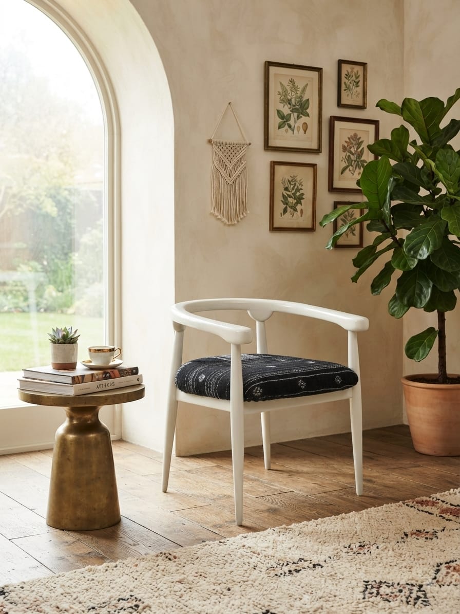 Chaise fauteuil laquée blanc, assise tissée noir et blanc style Gafsa