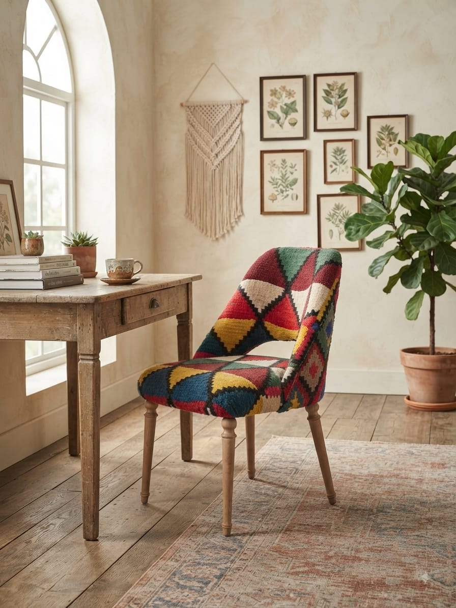 Chaise bois Blenz dossier arqué, margoum motif losanges multicolores