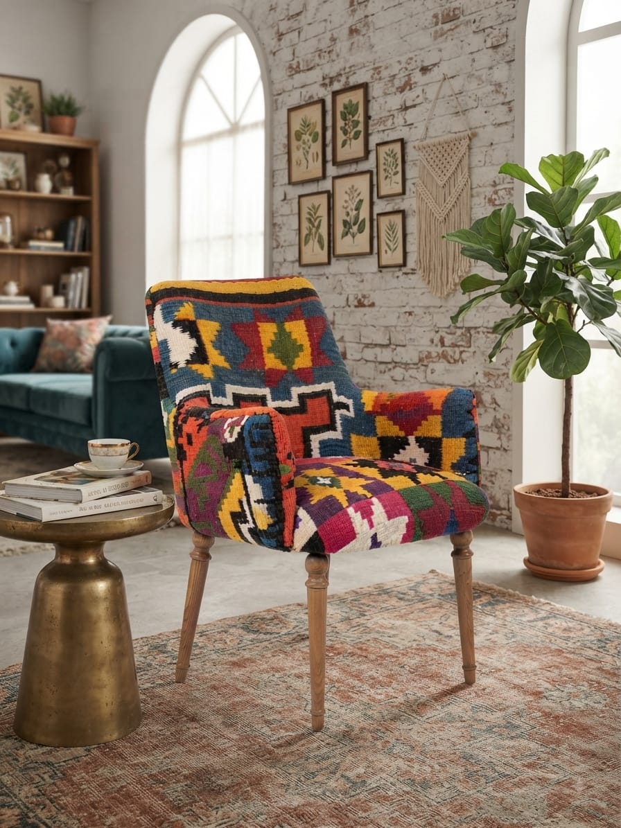 Chaise fauteuil dossier haut, margoum indigo et symboles berbères