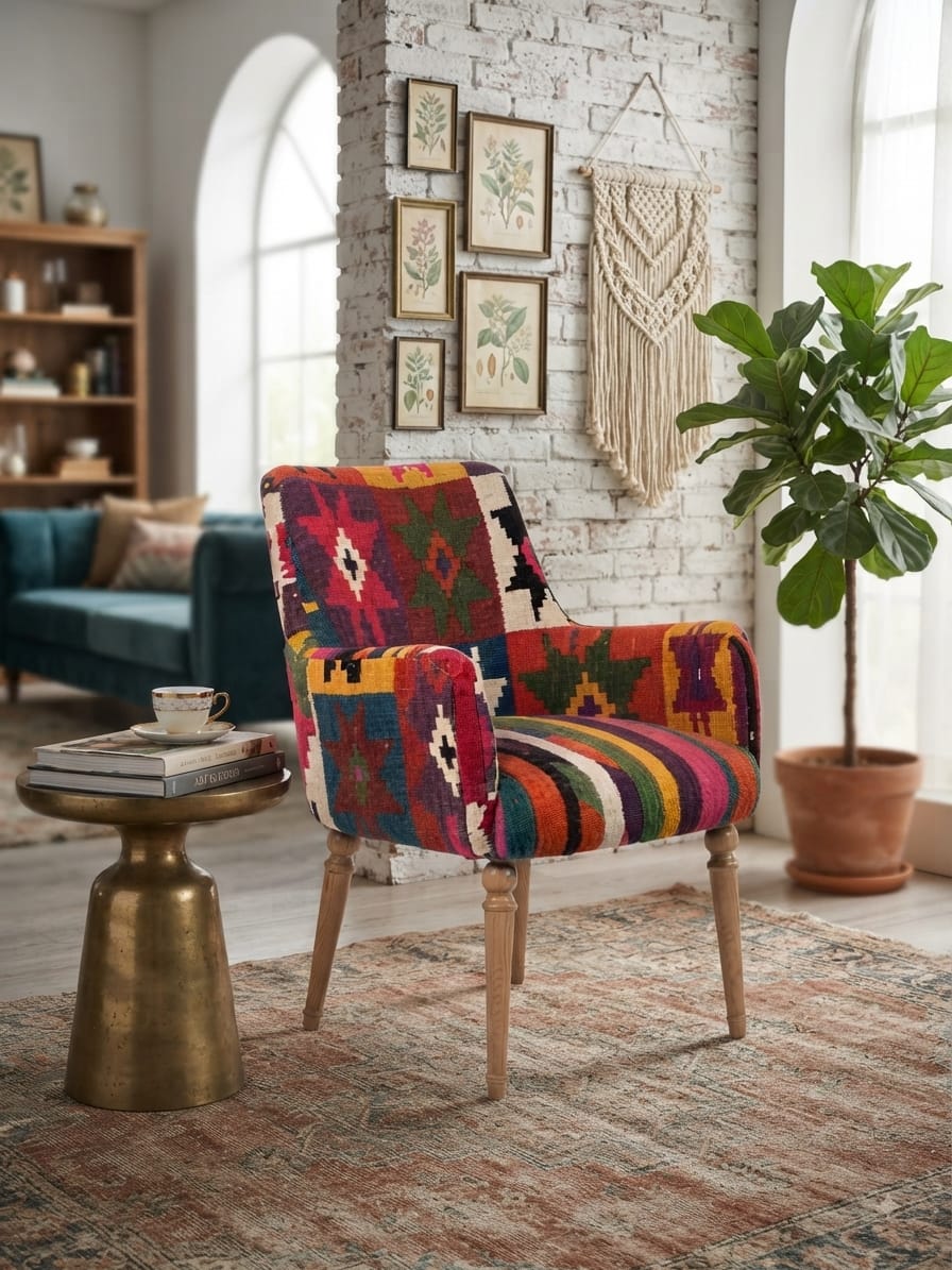 Chaise fauteuil dossier haut, margoum patchwork et rayures multicolores
