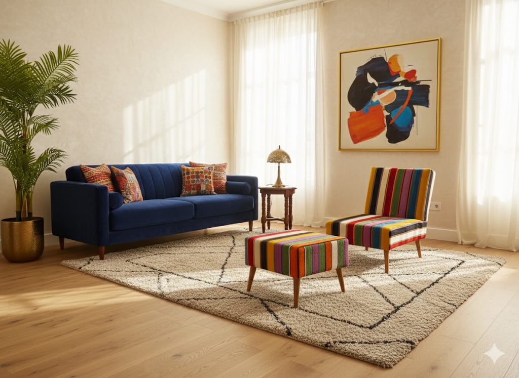 Ensemble fauteuil et repose-pieds en margoum rayé multicolore