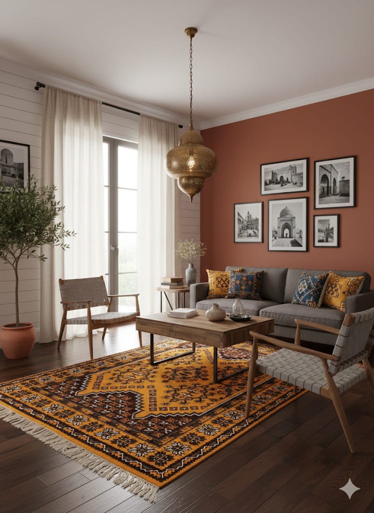 Grand tapis Allousha acajou et miel Kairouan, médaillons floraux chocolat foncé