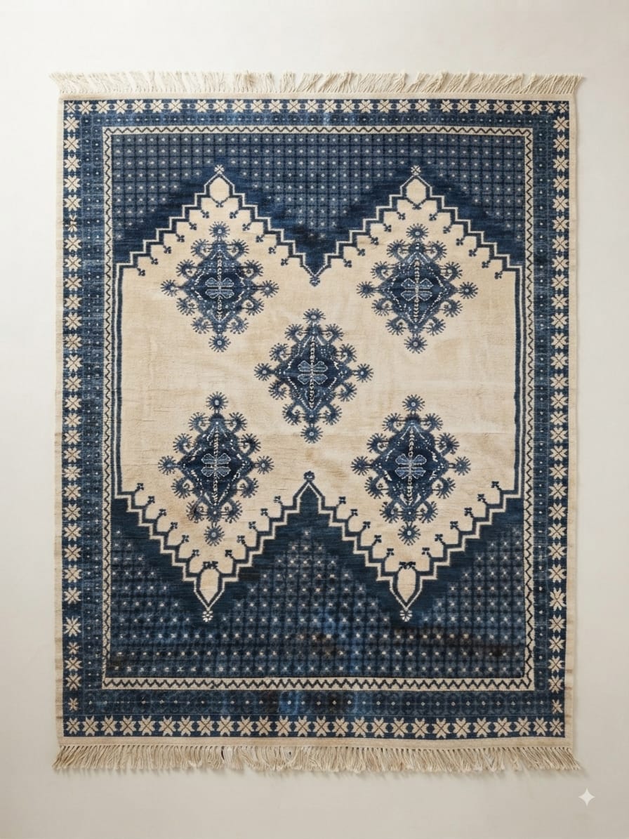 Grand tapis Cinq Étoiles Sidi Bou Saïd, cinq médaillons, champ ivoire
