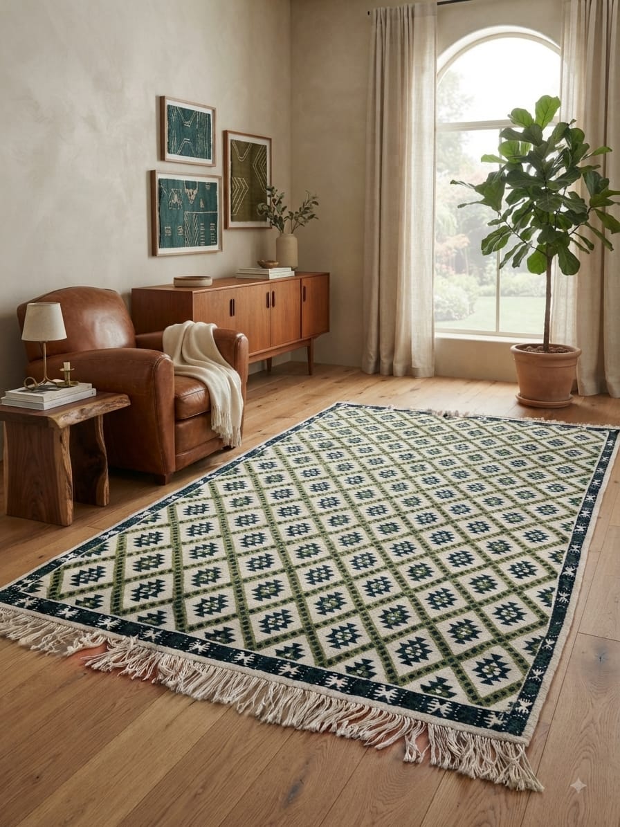Grand tapis losanges vert olive Kairouan, symboles berbères bleu nuit sur ivoire