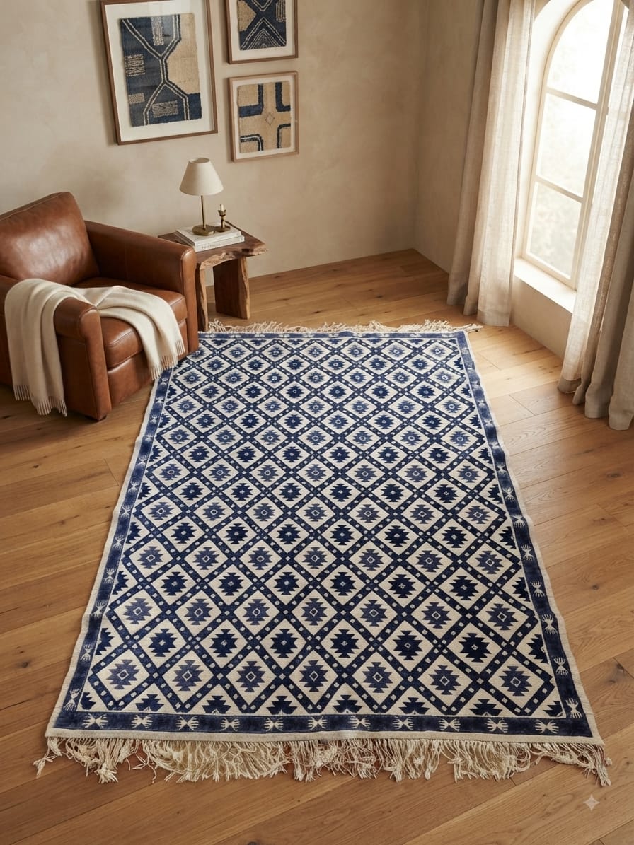 Grand tapis Makroudha Sidi Bou Saïd, losanges bleu nuit sur fond ivoire
