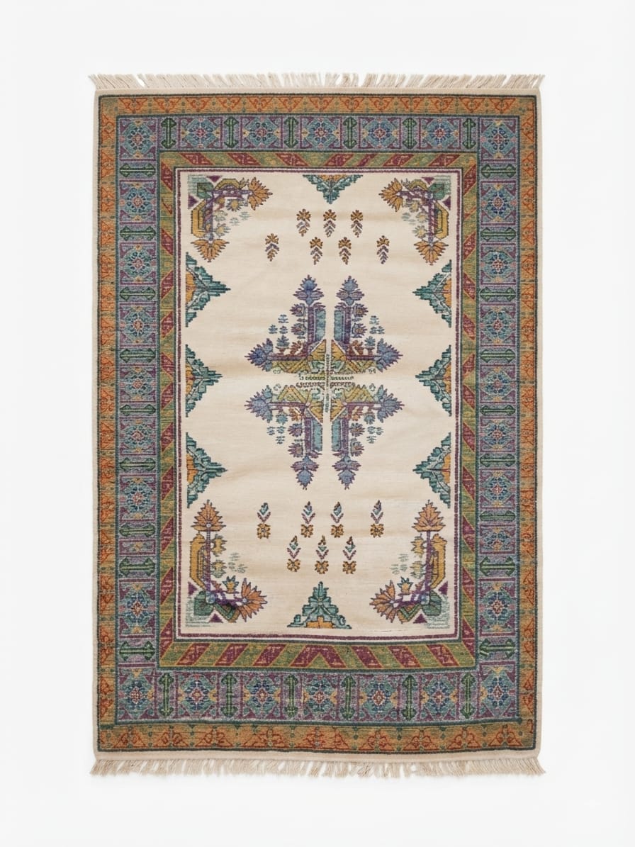 Grand tapis Mosaïque Kairouan, moutarde vert olive bleu ciel violet, fond ivoire