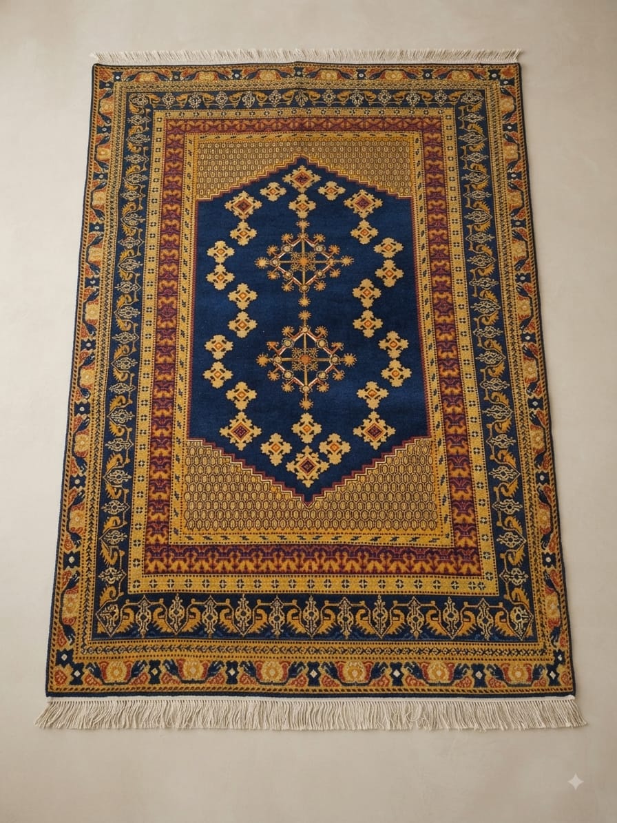 Grand tapis Trône Royal bleu et or, médaillons centraux, bordures ocre terracotta