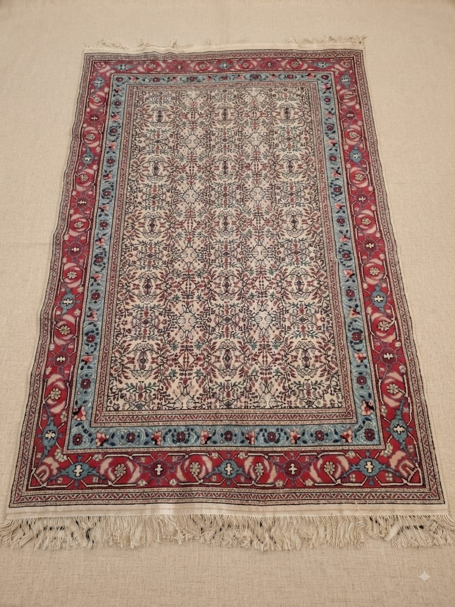 Grand tapis Yasmine classique Kairouan, bordure rose vieux, champ ivoire fleuri