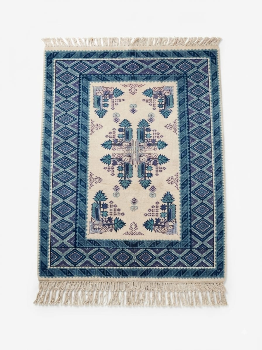 Grand tapis Zarbia Royale Sidi Bou Saïd, bordure losanges bleu nuit bleu ciel