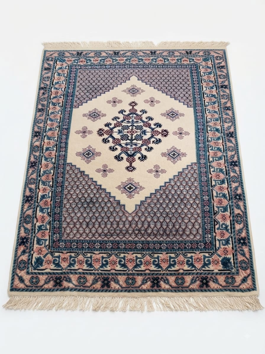 Grand tapis Zarbia Royale vieux rose et bleu, médaillon floral, bordures bleu pétrole terre cuite