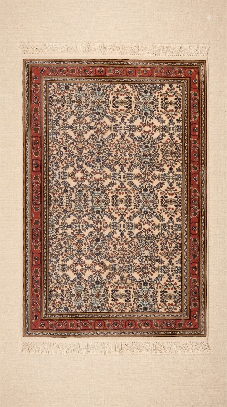 Tapis Jasmin de Kairouan, fond ivoire, motifs floraux, bordure corail