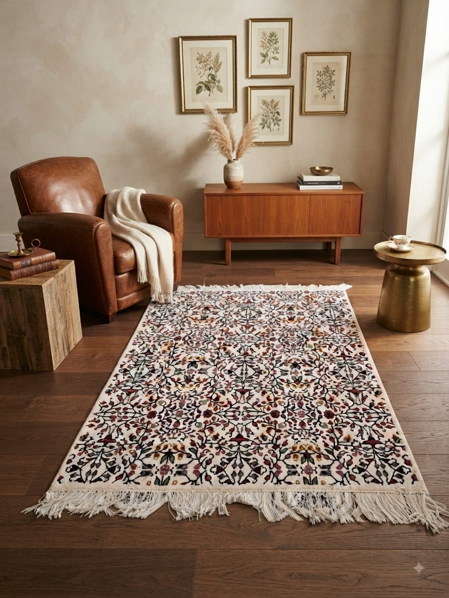 Tapis Fleur de Yasmine All-Over, motif continu bordeaux prune vert olive
