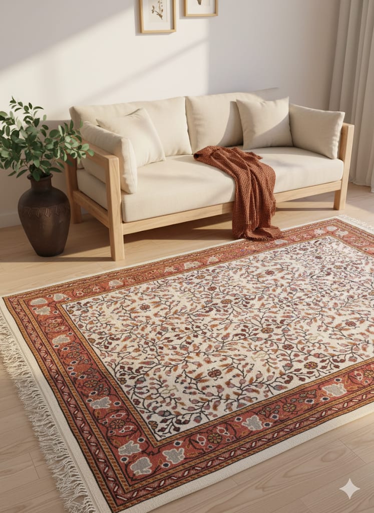 Tapis Yasmine bordure corail Kairouan, champ ivoire, bordure rouge corail terre cuite