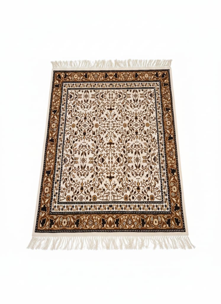 Tapis Yasmine bordure dorée Kairouan, champ ivoire, bordure brun doré miel ébène
