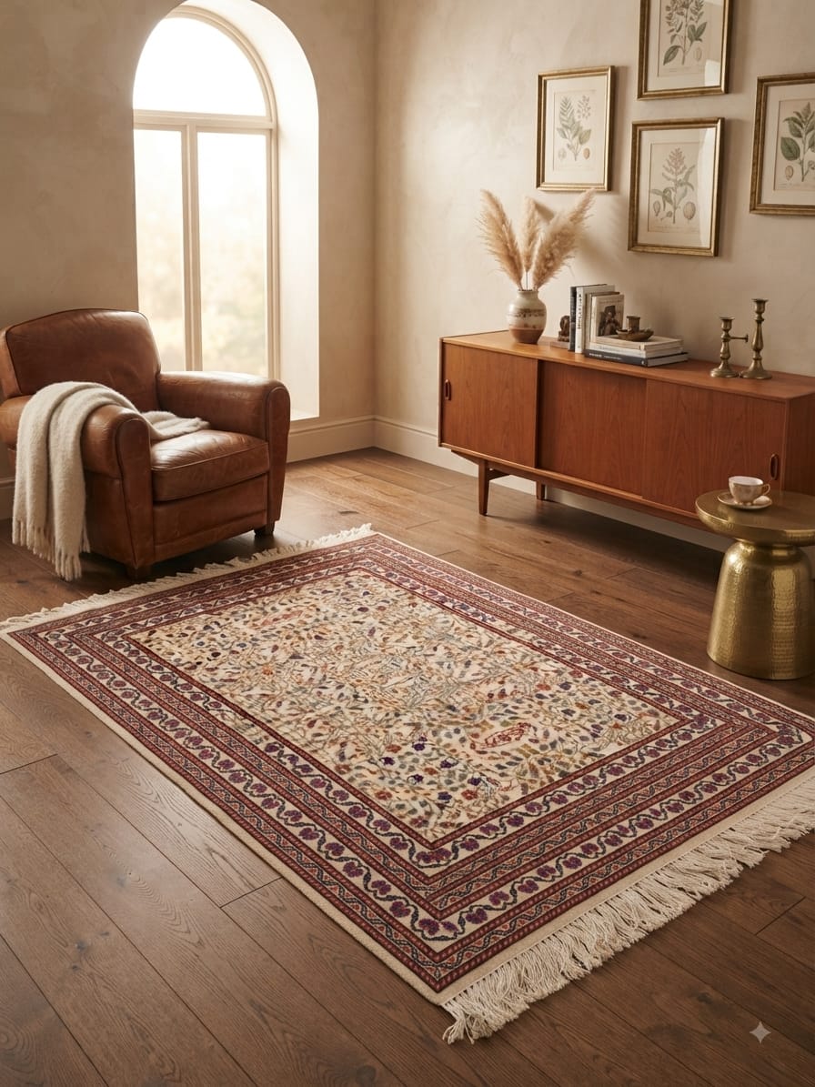 Tapis Brise de Yasmine Kairouan, champ ivoire, bordures bordeaux et violettes