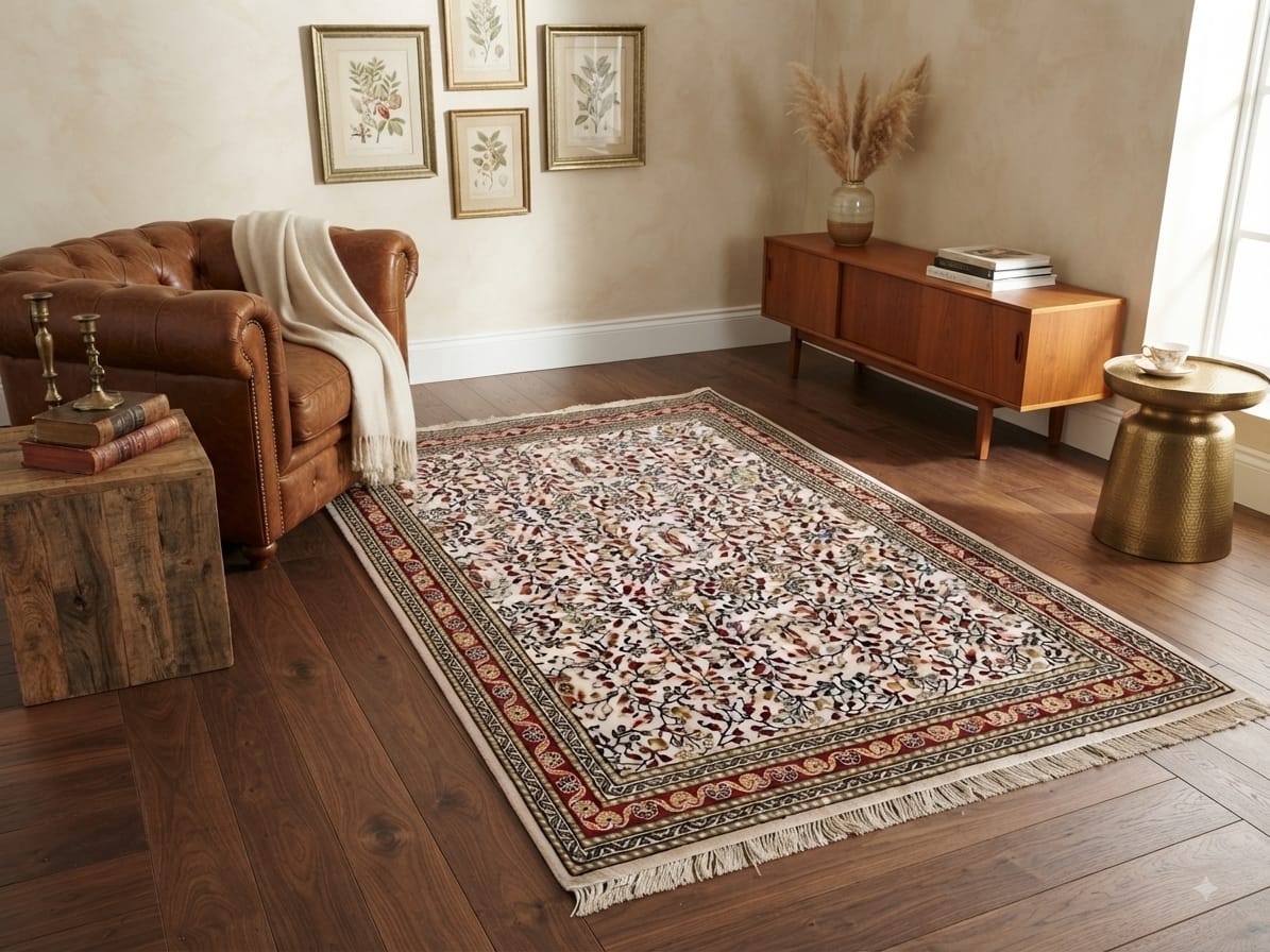 Tapis d'Art Yasmine Kairouan, champ crème, entrelacs floral