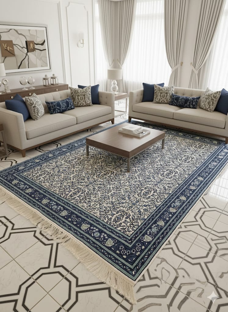 Tapis Yasmine Sidi Bou Saïd, champ ivoire, rinceaux bleus, double bordure bleu nuit