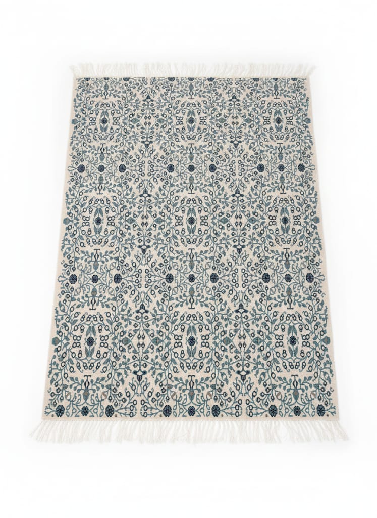 Tapis Yasmine Sidi Bou Saïd sans bordure, maillage floral bleu ciel bleu nuit sur ivoire