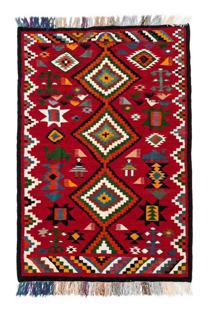 Margoum traditionnel tunisien Contes du Désert, fond rouge, dromadaires et symboles nomades