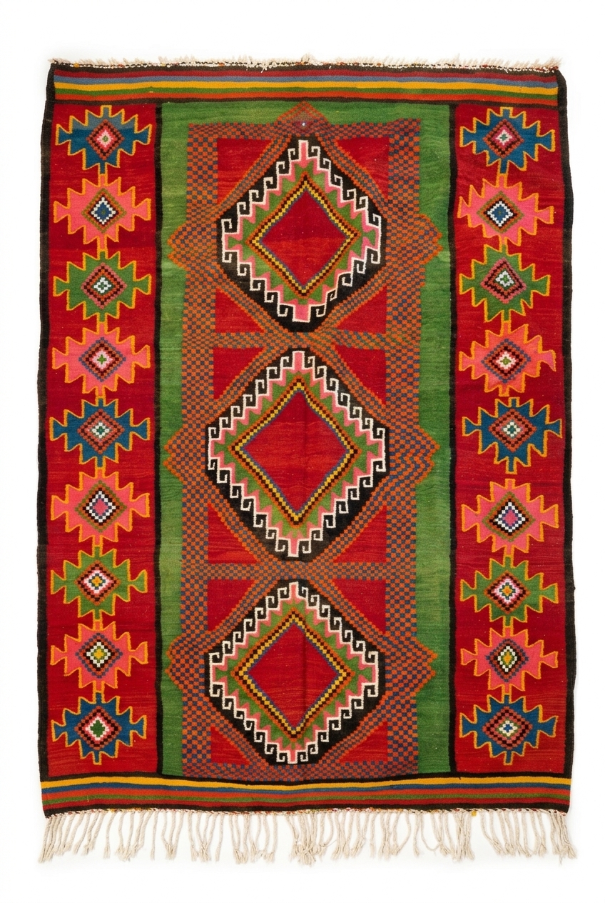 Margoum traditionnel tunisien Losanges Centraux, fond rouge, trois losanges, bordure vert olive